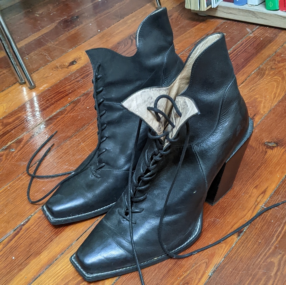 Fluevog black heeled square toe ankle boots